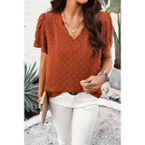 Swiss Dot Ruched Sleeves Loose Fit V Neck Blouse - MVTFASHION.COM