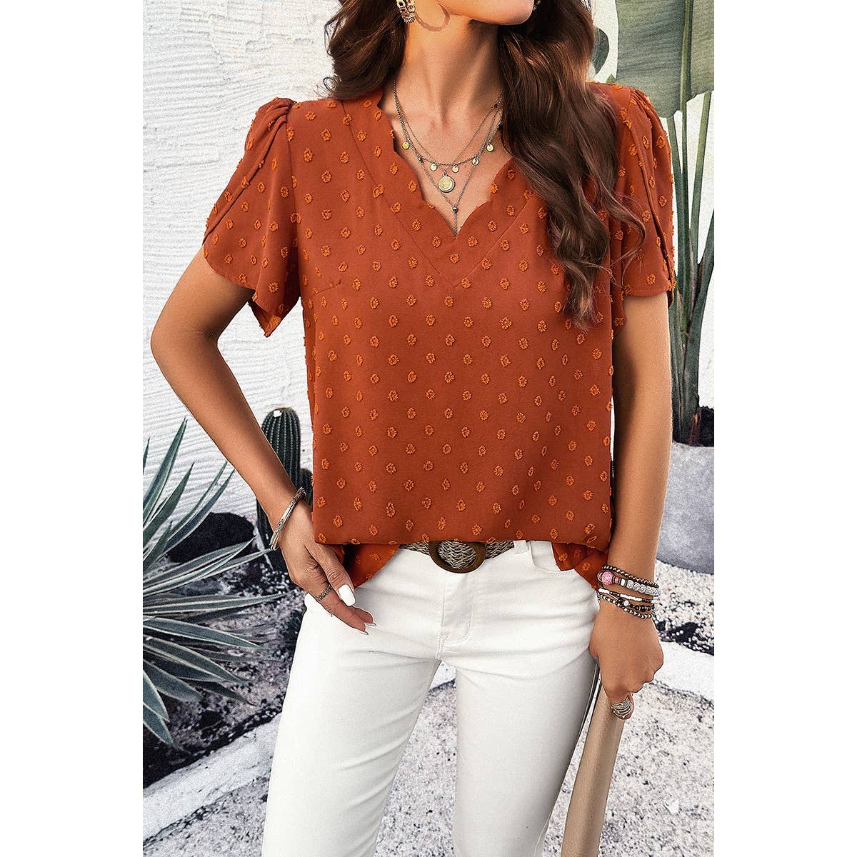 Swiss Dot Ruched Sleeves Loose Fit V Neck Blouse - MVTFASHION.COM