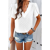 Swiss Dot Ruched Sleeves Loose Fit V Neck Blouse - MVTFASHION.COM