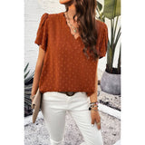 Swiss Dot Ruched Sleeves Loose Fit V Neck Blouse - MVTFASHION.COM