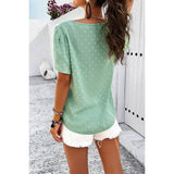 Swiss Dot Ruched Sleeves Loose Fit V Neck Blouse - MVTFASHION.COM