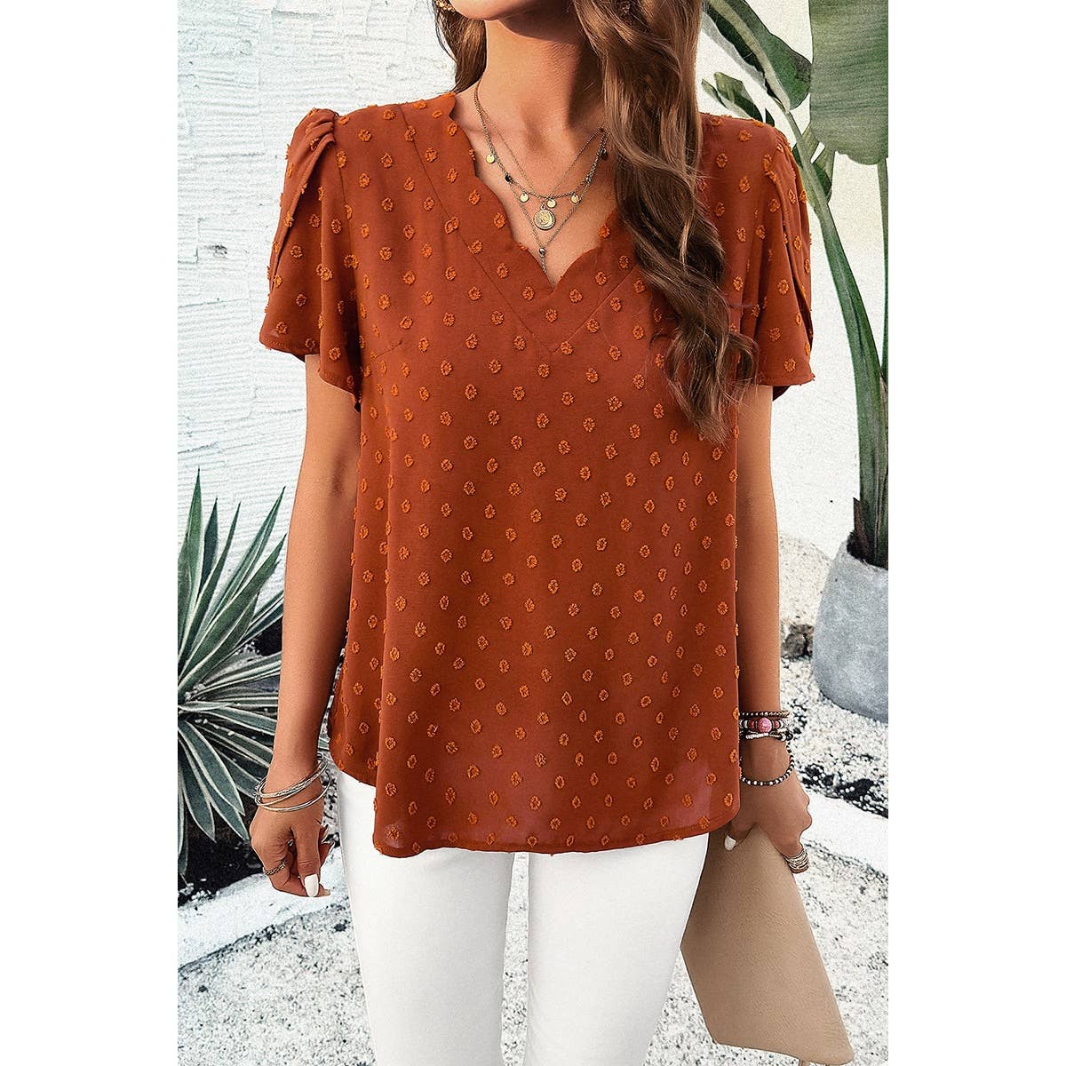 Swiss Dot Ruched Sleeves Loose Fit V Neck Blouse - MVTFASHION.COM