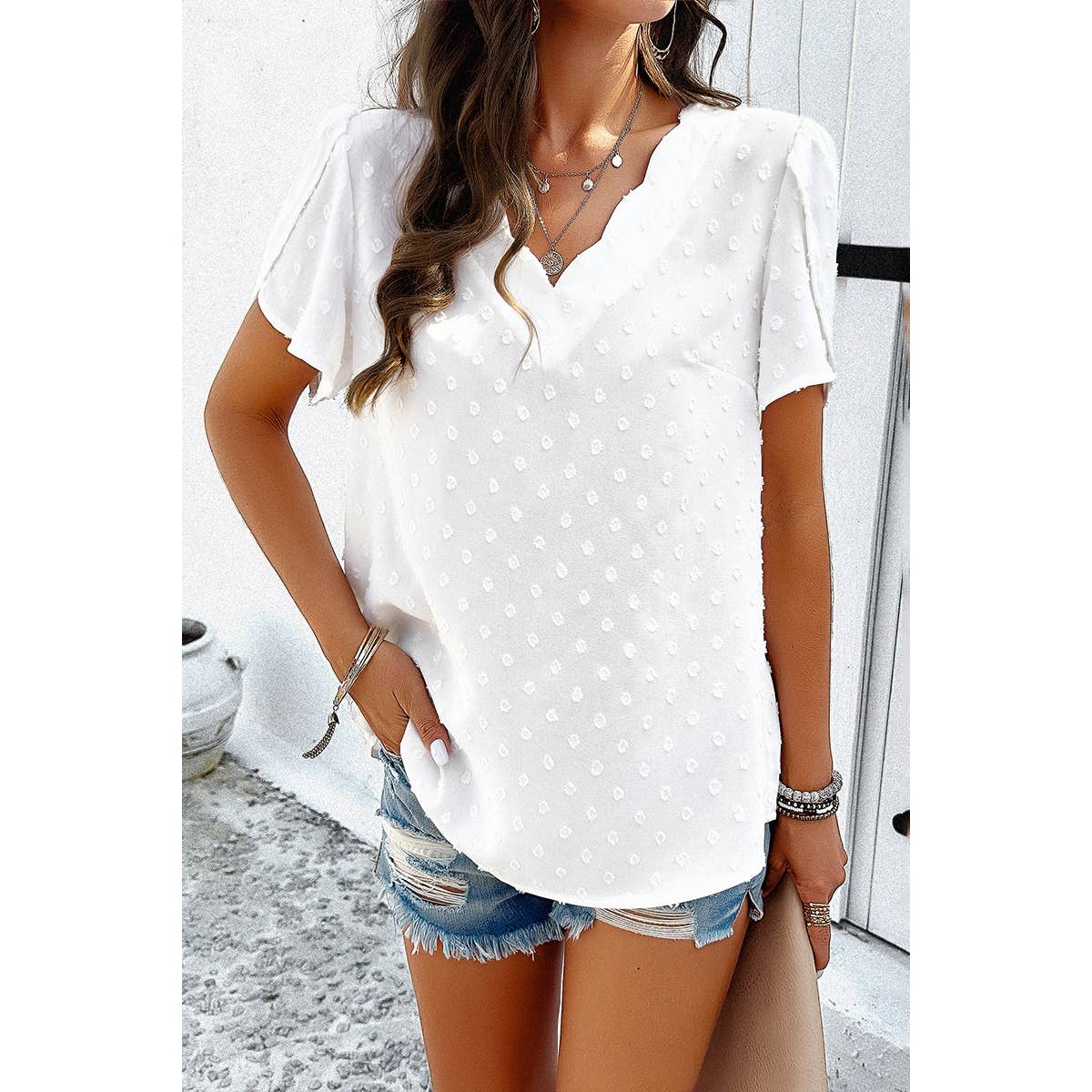 Swiss Dot Ruched Sleeves Loose Fit V Neck Blouse - MVTFASHION.COM