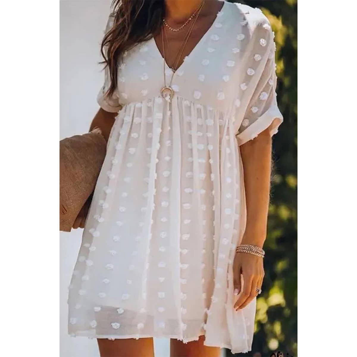 Swiss Dot Ruffle Lace Lined Loose Fit Short Dress - MVTFASHION.COM