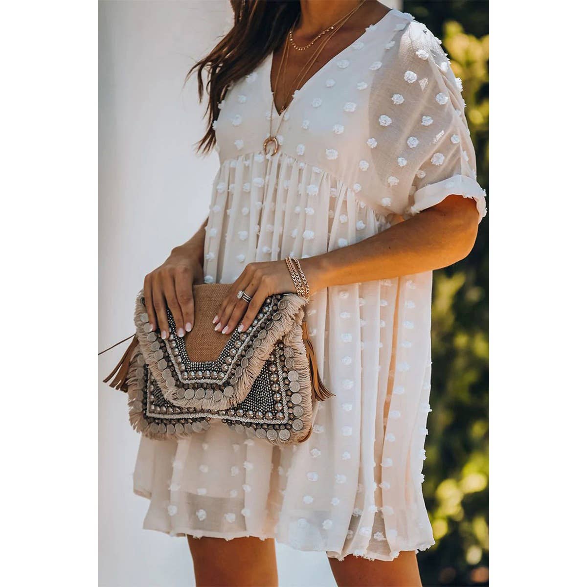 Swiss Dot Ruffle Lace Lined Loose Fit Short Dress - MVTFASHION.COM