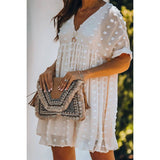 Swiss Dot Ruffle Lace Lined Loose Fit Short Dress - MVTFASHION.COM