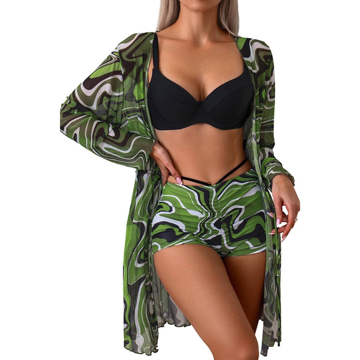 Three Piece Push Up High Waisted Kimono Swimsuit - MVTFASHION.COM