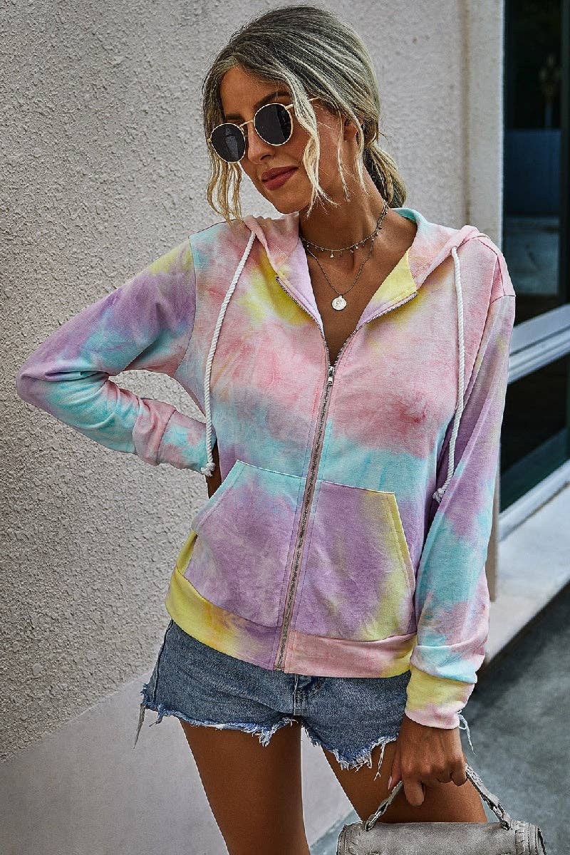 Tie Dye Full Zip Long Sleeve Hoodie - MVTFASHION.COM