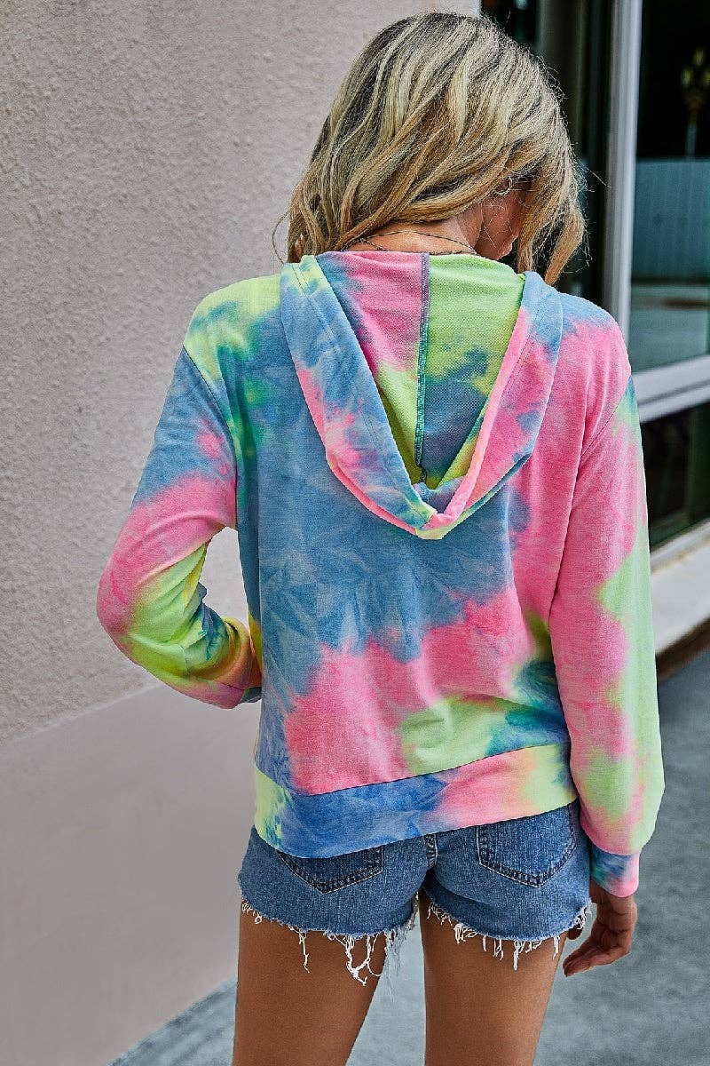 Tie Dye Full Zip Long Sleeve Hoodie - MVTFASHION.COM