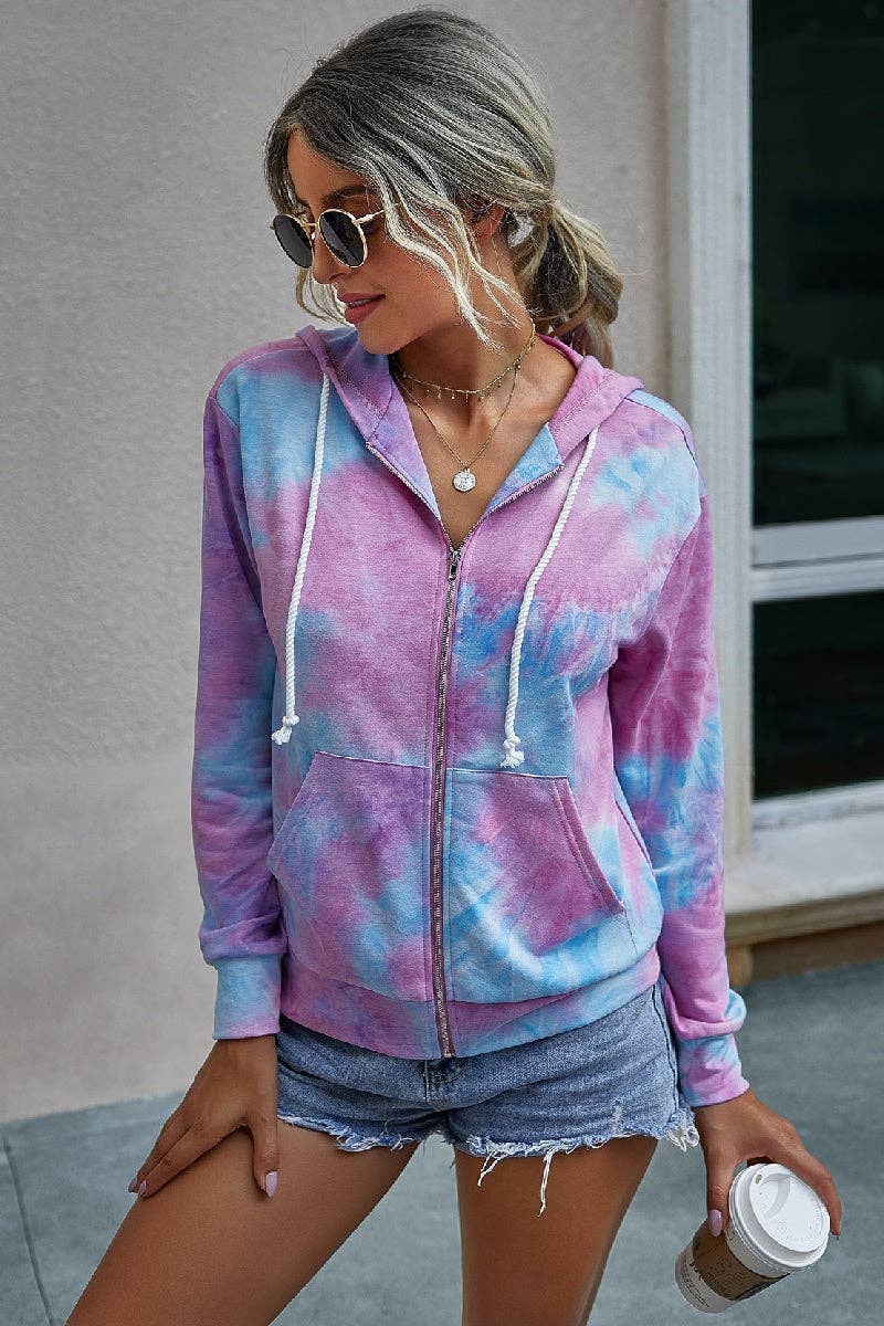 Tie Dye Full Zip Long Sleeve Hoodie - MVTFASHION.COM