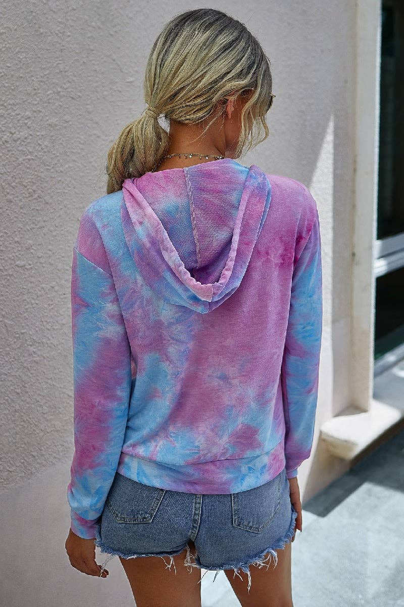 Tie Dye Full Zip Long Sleeve Hoodie - MVTFASHION.COM