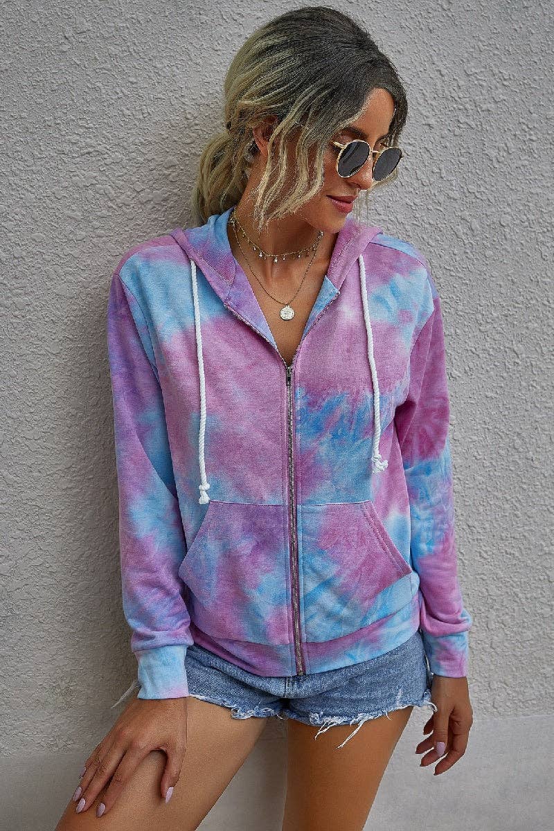 Tie Dye Full Zip Long Sleeve Hoodie - MVTFASHION.COM