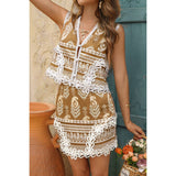 Two Piece Boho Print Sleeveless Button Lace Trim Set - MVTFASHION.COM