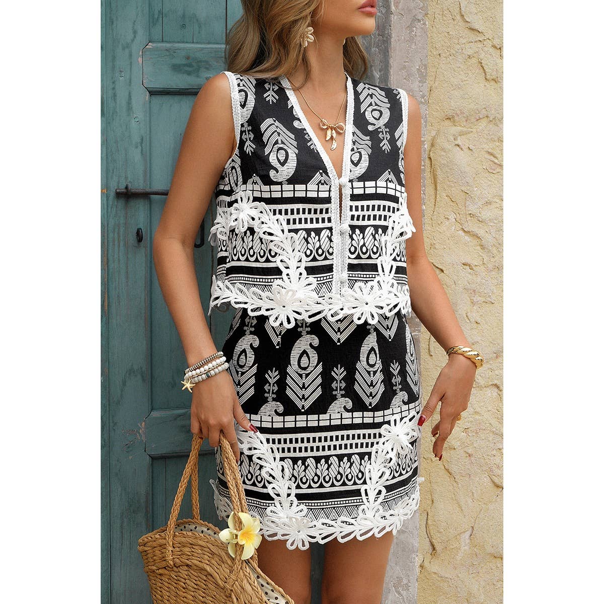 Two Piece Boho Print Sleeveless Button Lace Trim Set - MVTFASHION.COM