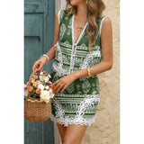 Two Piece Boho Print Sleeveless Button Lace Trim Set - MVTFASHION.COM