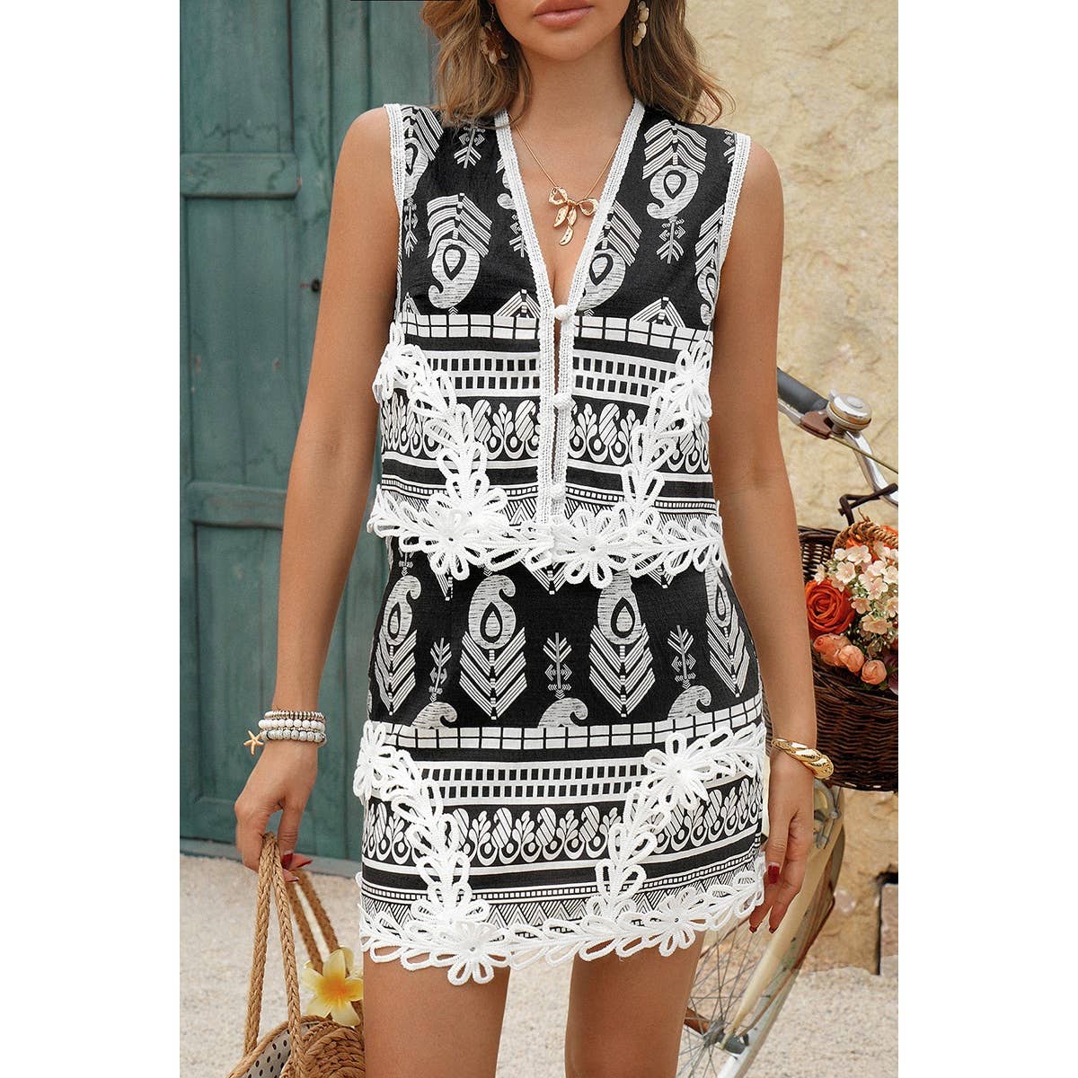 Two Piece Boho Print Sleeveless Button Lace Trim Set - MVTFASHION.COM