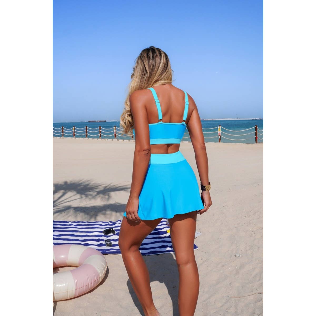 Two Piece Color Block High Waist Tie Up Bikini - MVTFASHION.COM