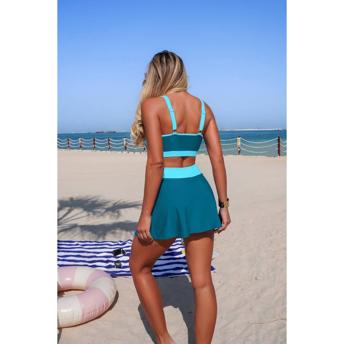 Two Piece Color Block High Waist Tie Up Bikini - MVTFASHION.COM