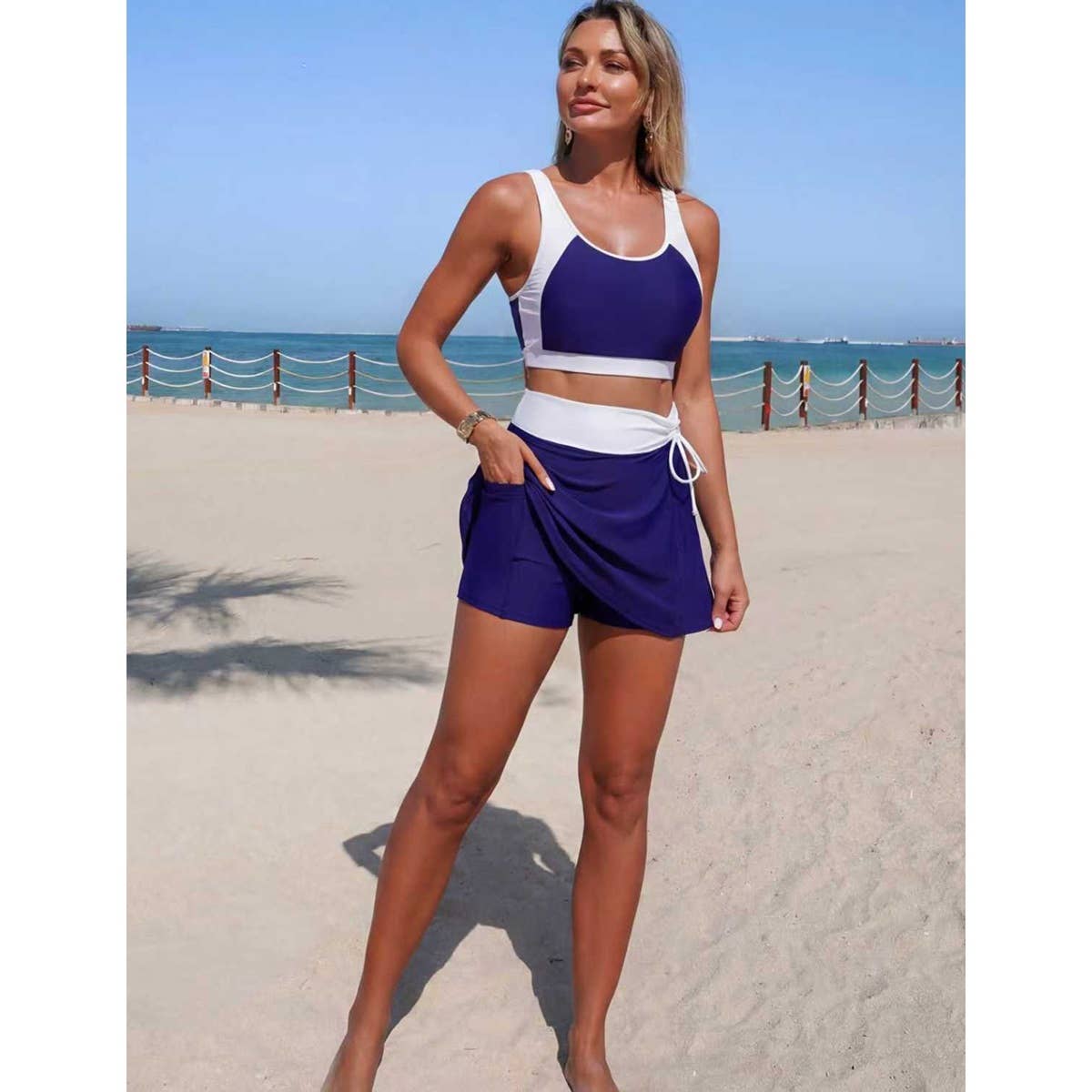 Two Piece Color Block High Waist Tie Up Bikini - MVTFASHION.COM