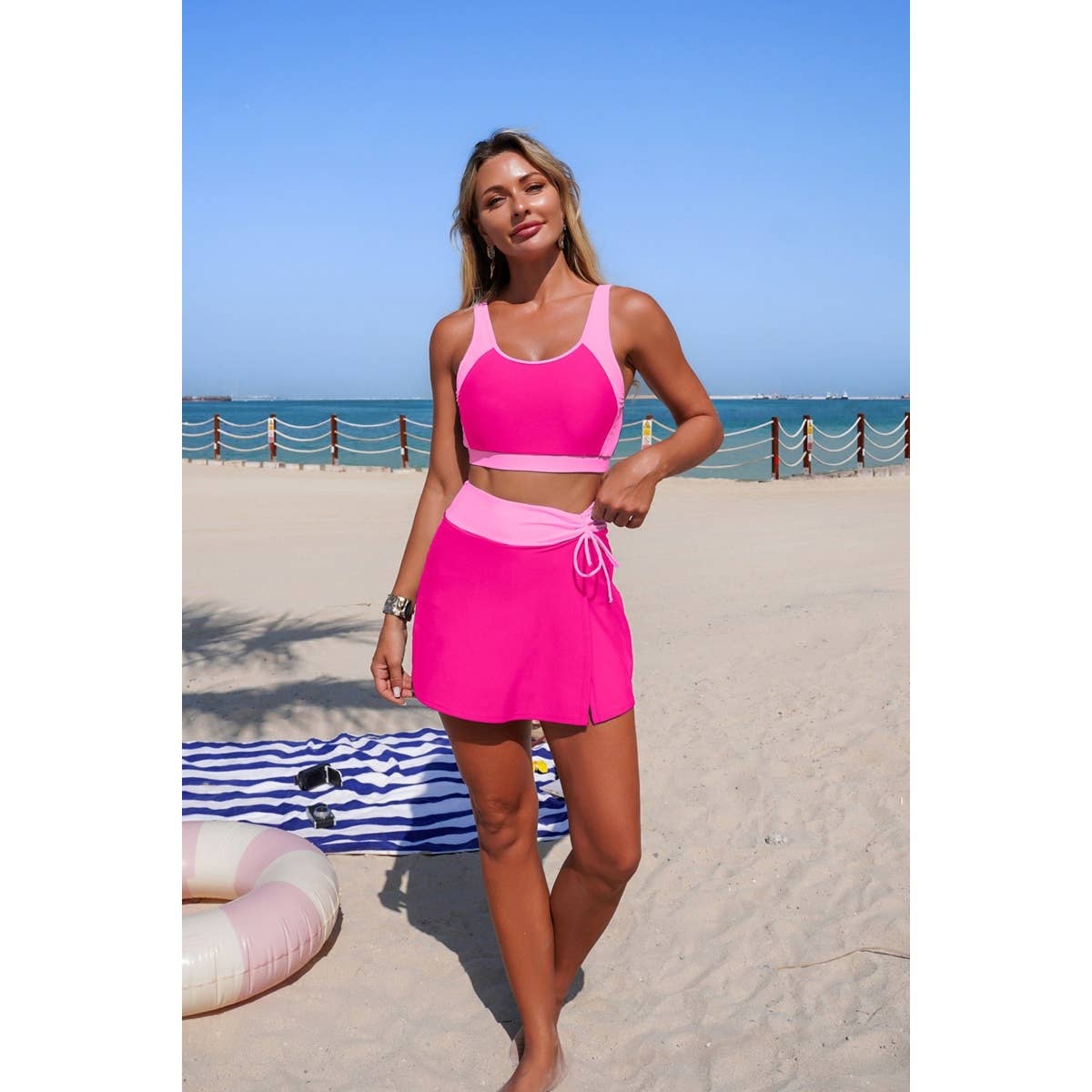 Two Piece Color Block High Waist Tie Up Bikini - MVTFASHION.COM