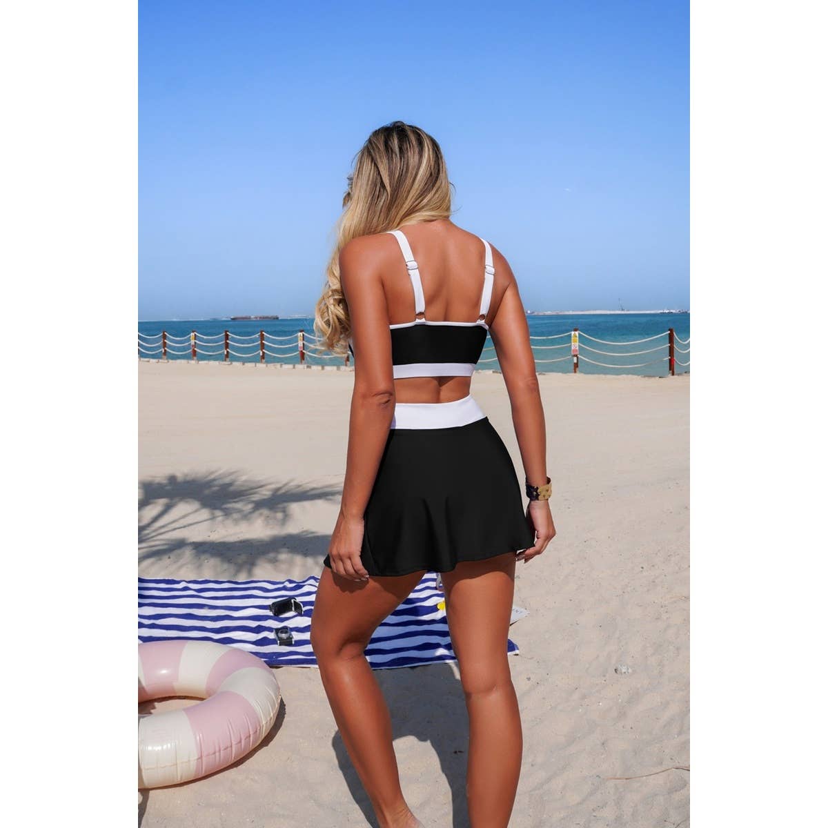 Two Piece Color Block High Waist Tie Up Bikini - MVTFASHION.COM