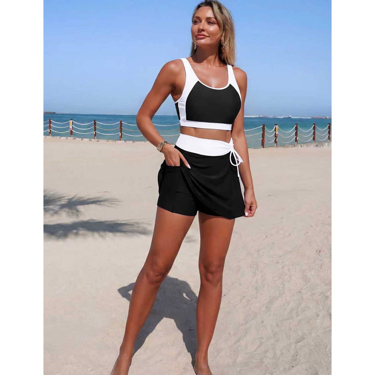 Two Piece Color Block High Waist Tie Up Bikini - MVTFASHION.COM