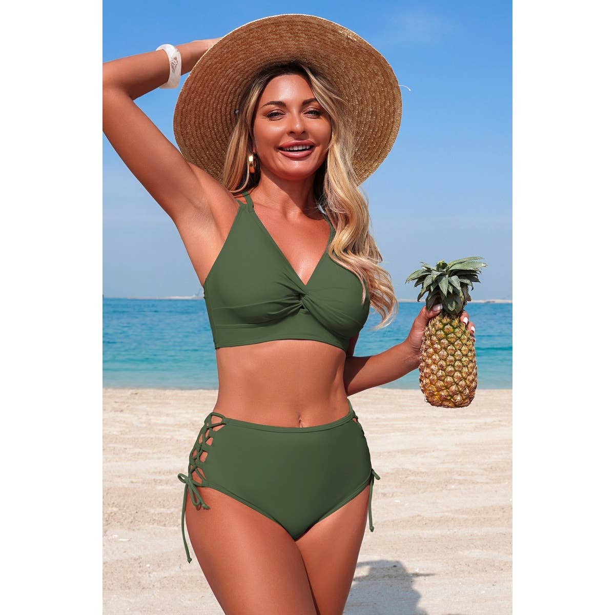 Two Piece High Waisted V Neck Cross Side Biniki - MVTFASHION.COM