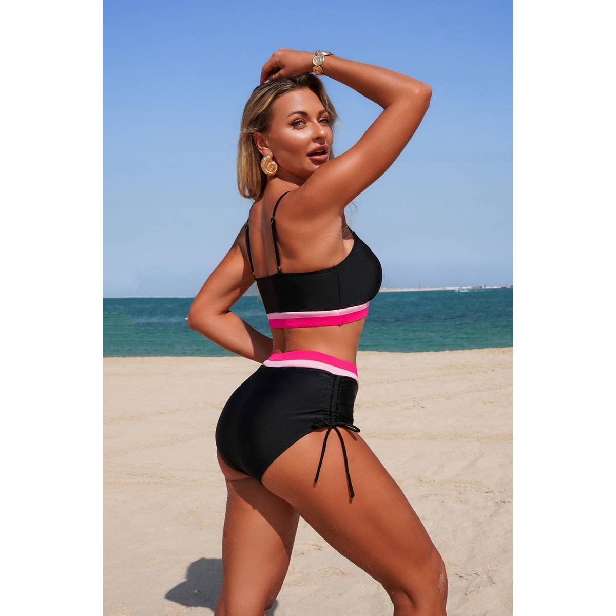 Two Piece Solid Contrast Tie Up Stretch Bikini - MVTFASHION.COM