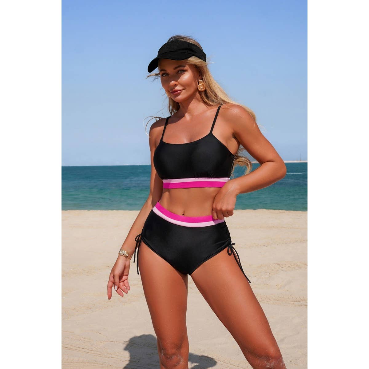 Two Piece Solid Contrast Tie Up Stretch Bikini - MVTFASHION.COM