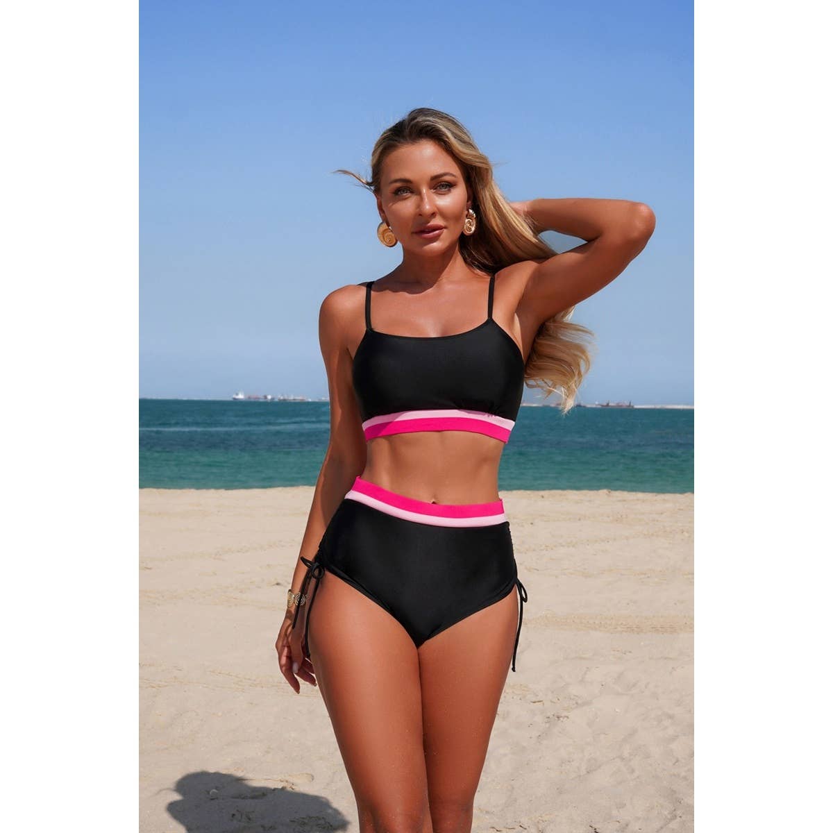 Two Piece Solid Contrast Tie Up Stretch Bikini - MVTFASHION.COM