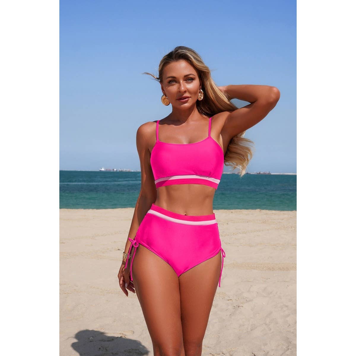 Two Piece Solid Contrast Tie Up Stretch Bikini - MVTFASHION.COM