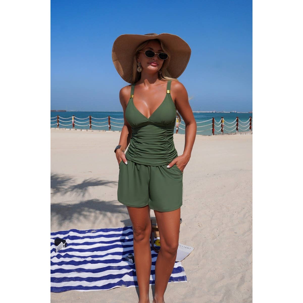 Two Piece Solid Ruched V Neck Pockets Bikini - MVTFASHION.COM