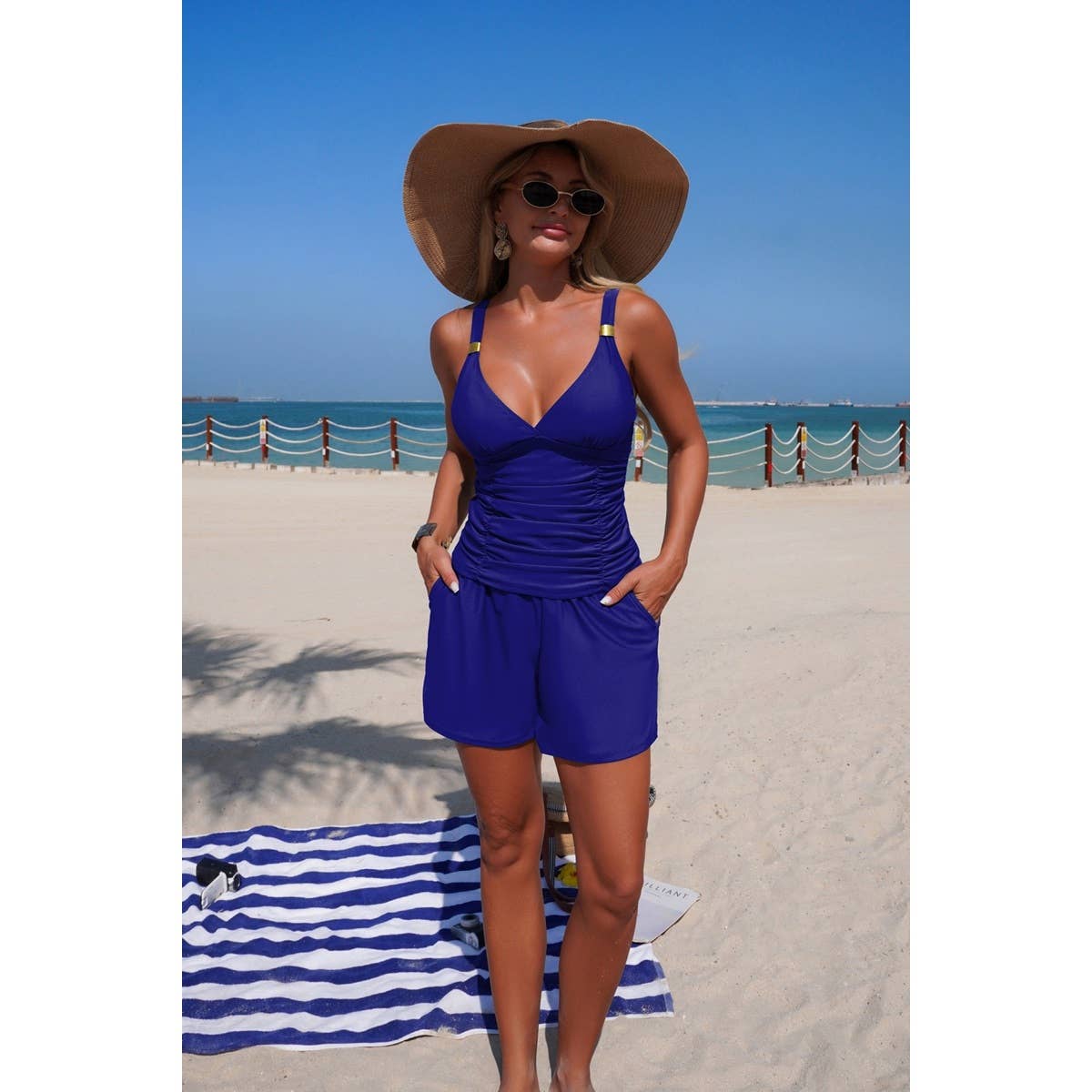 Two Piece Solid Ruched V Neck Pockets Bikini - MVTFASHION.COM