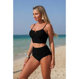 Two Piece Solid Strap High Waiste Pleated Bikini - MVTFASHION.COM
