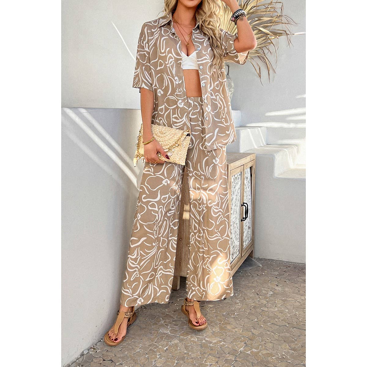 Two Pieces All Over Print Button Down Long Sets - MVTFASHION.COM