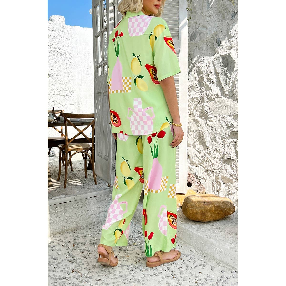 Two Pieces All Over Print Button Down Long Sets - MVTFASHION.COM