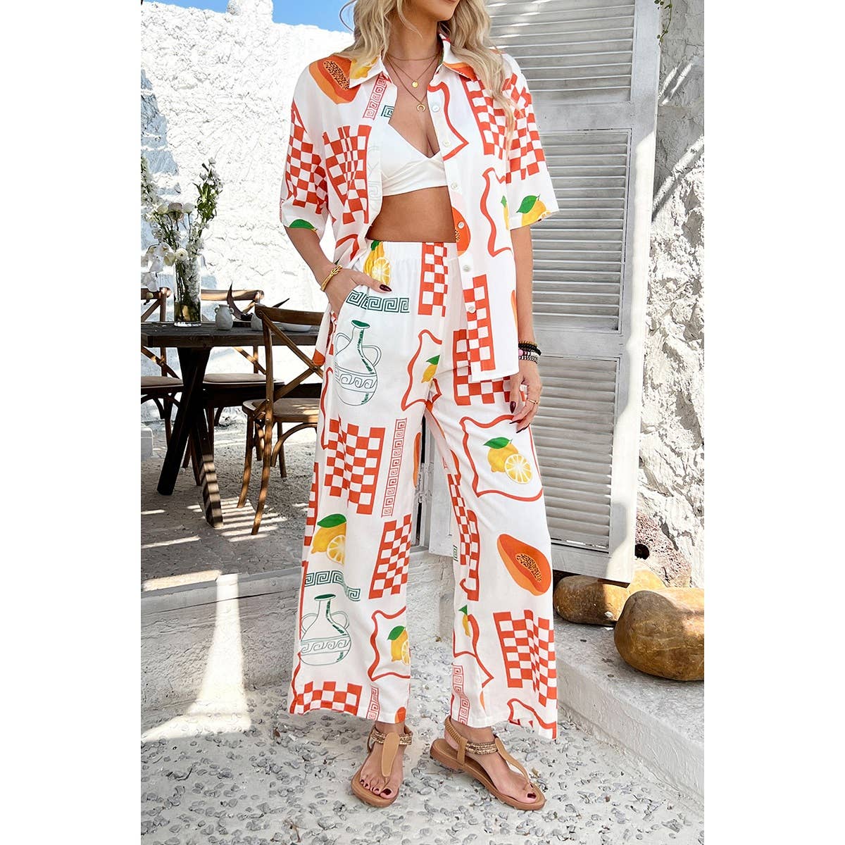 Two Pieces All Over Print Button Down Long Sets - MVTFASHION.COM