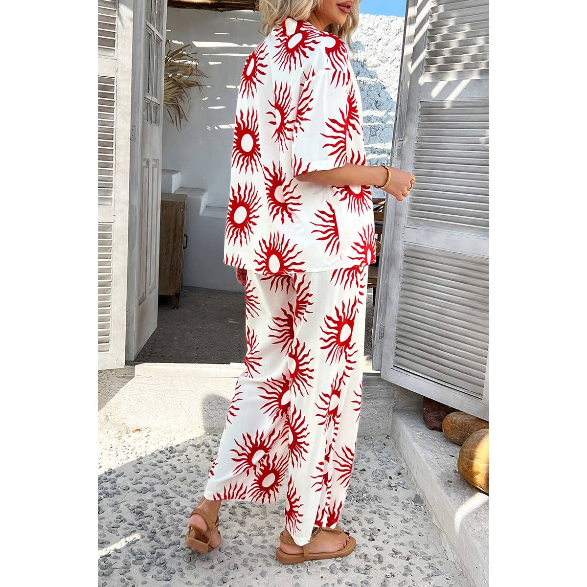 Two Pieces All Over Print Button Down Long Sets - MVTFASHION.COM