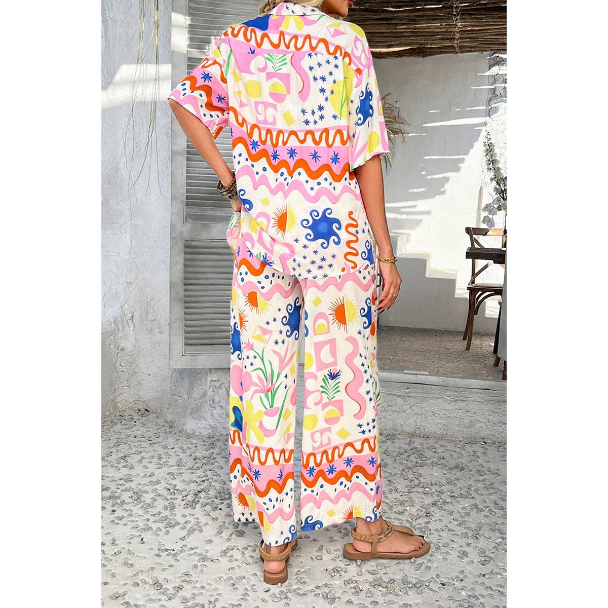 Two Pieces All Over Print Button Down Long Sets - MVTFASHION.COM