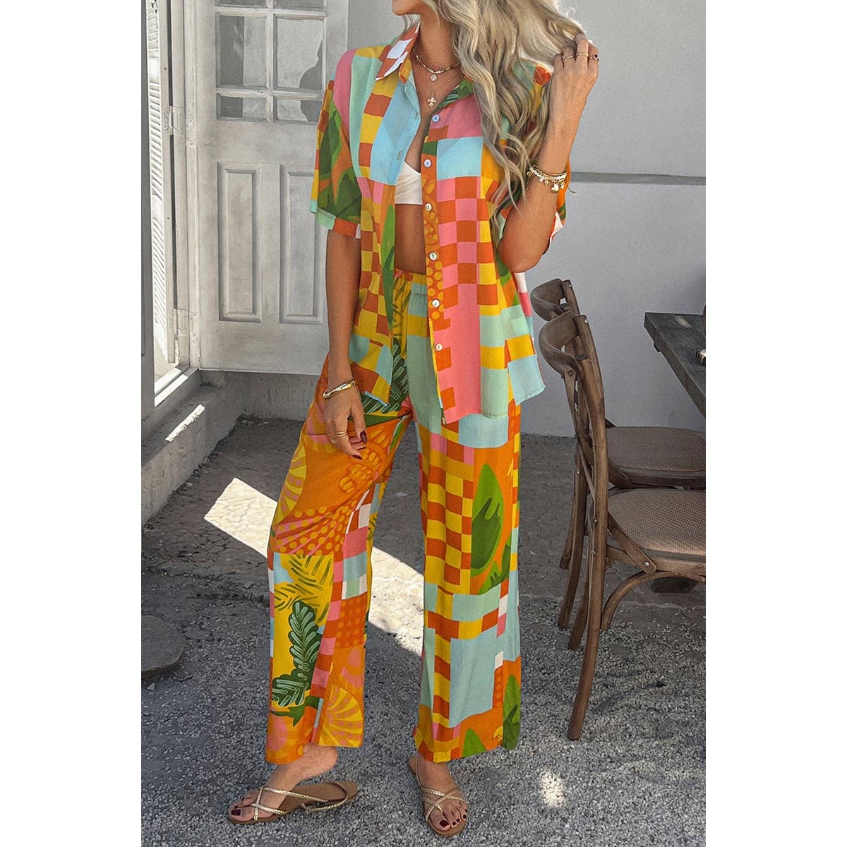 Two Pieces All Over Print Button Down Long Sets - MVTFASHION.COM