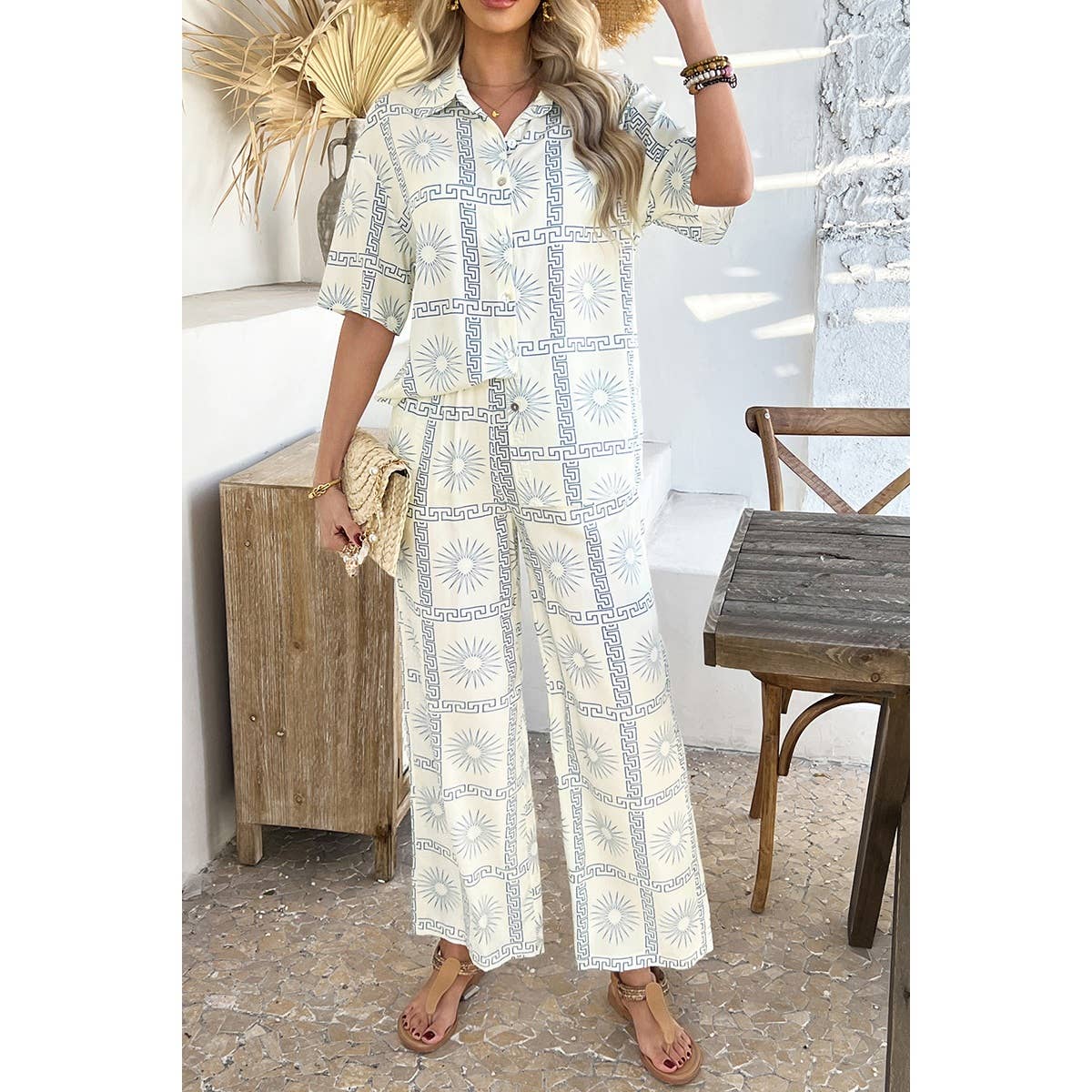 Two Pieces All Over Print Button Down Long Sets - MVTFASHION.COM