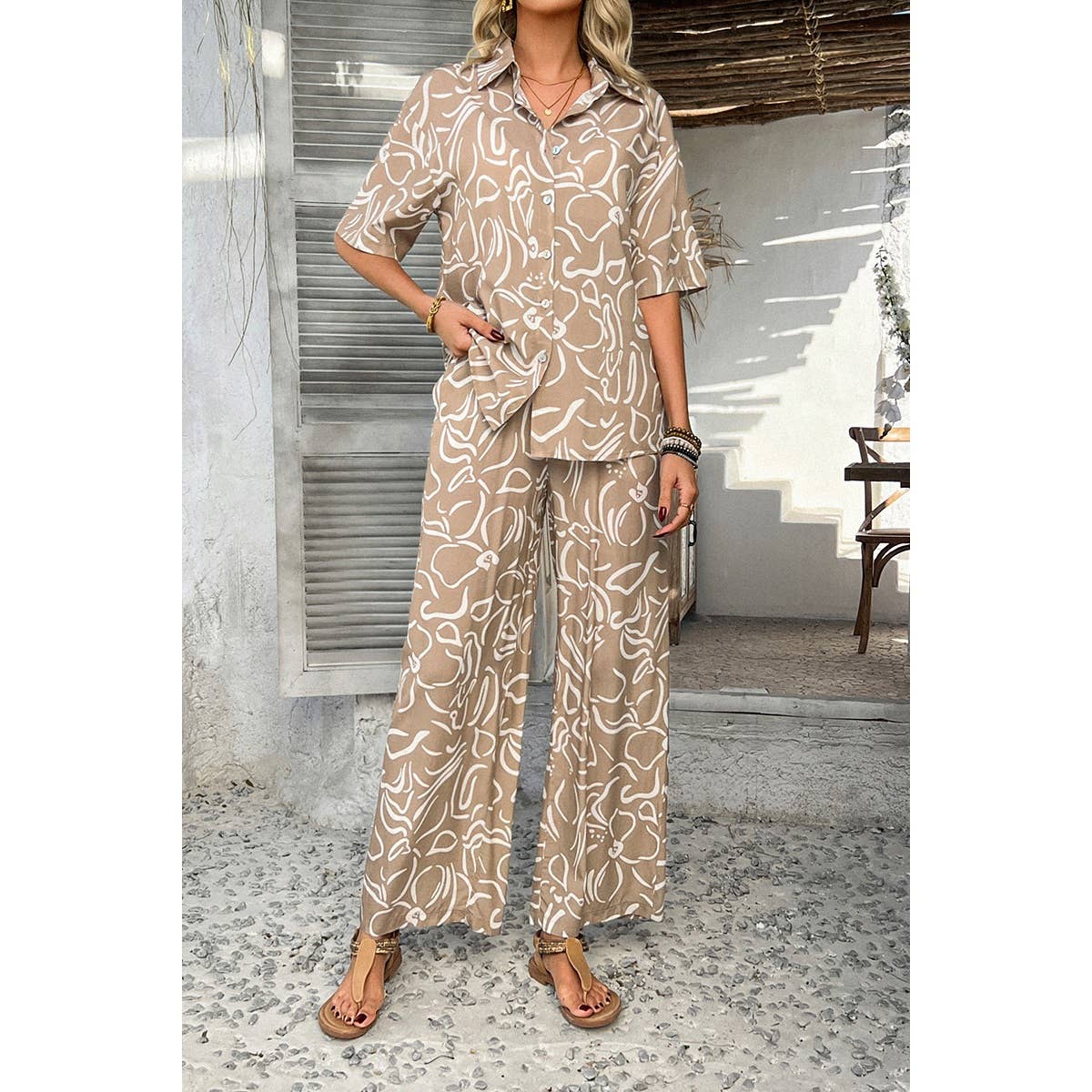 Two Pieces All Over Print Button Down Long Sets - MVTFASHION.COM