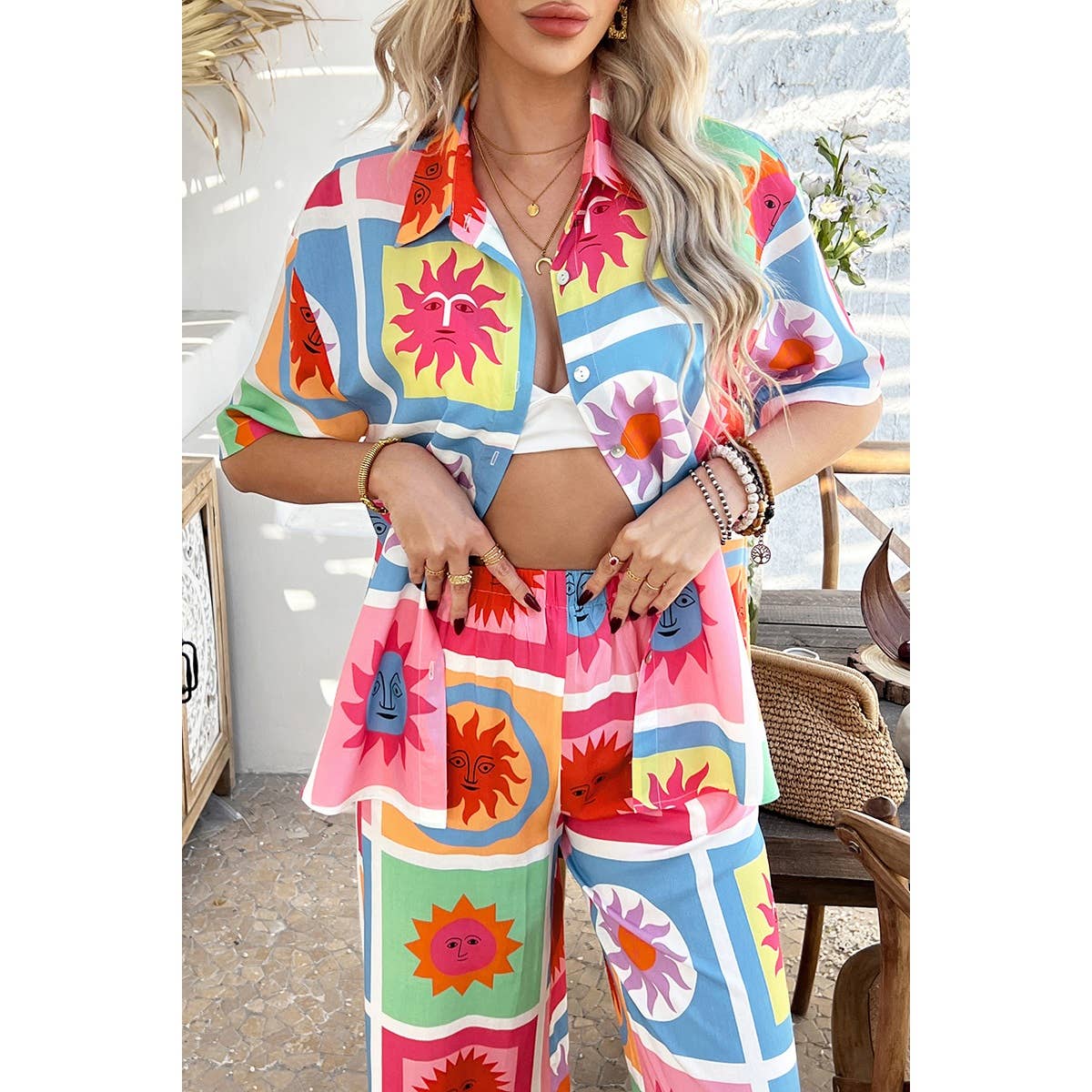 Two Pieces All Over Print Button Down Long Sets - MVTFASHION.COM