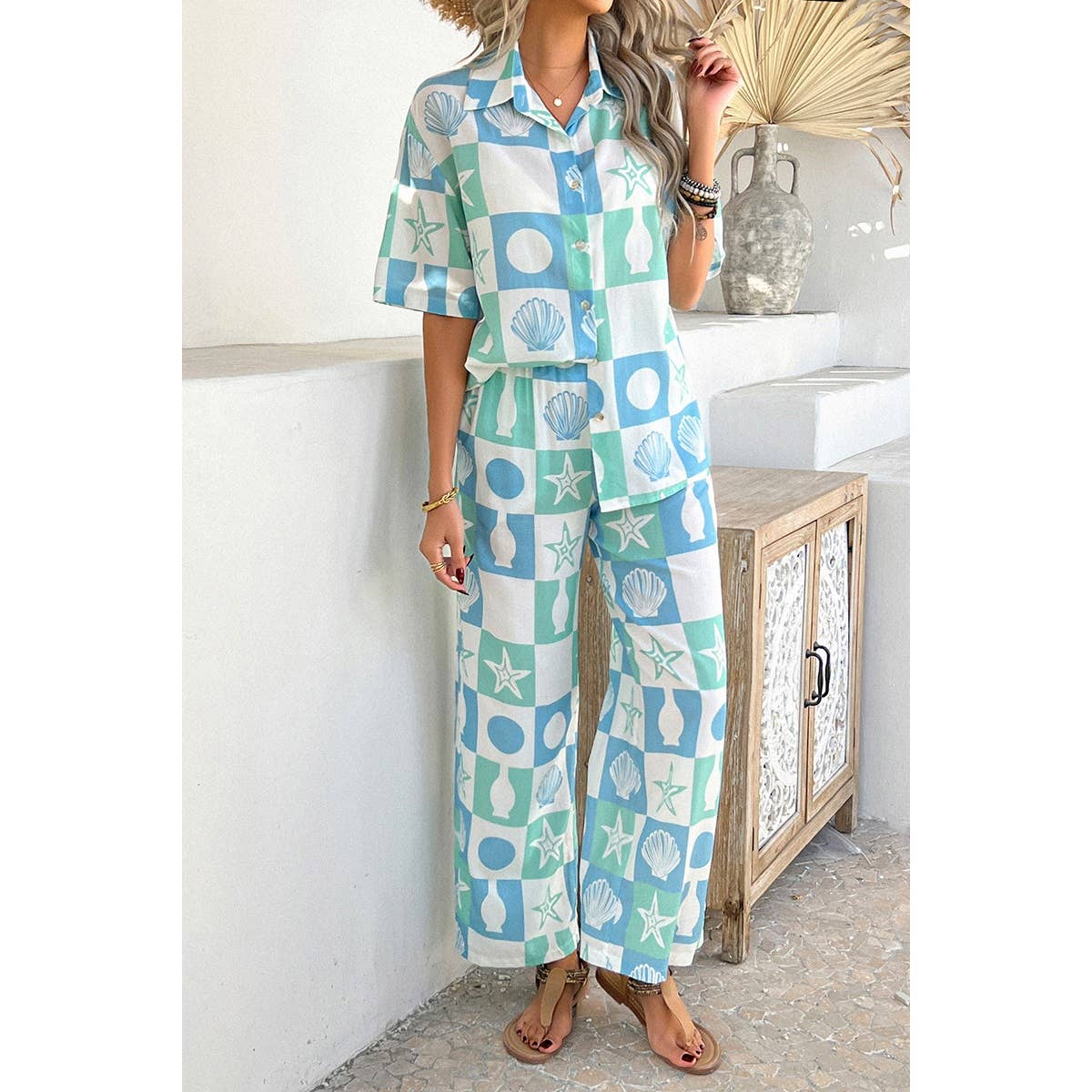 Two Pieces All Over Print Button Down Long Sets - MVTFASHION.COM