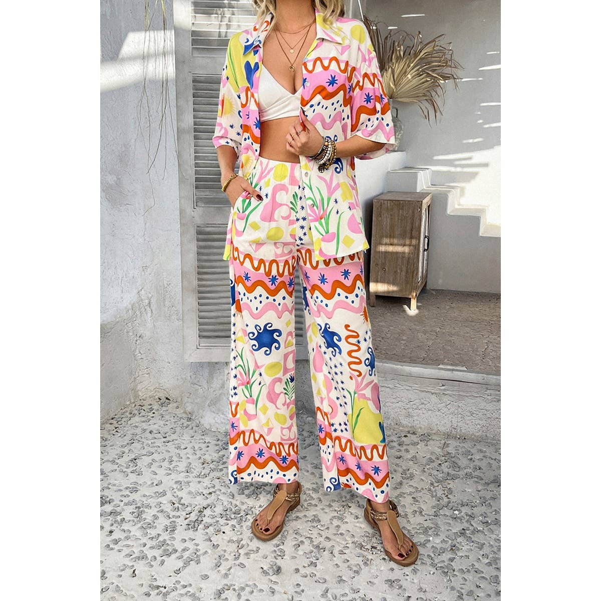 Two Pieces All Over Print Button Down Long Sets - MVTFASHION.COM