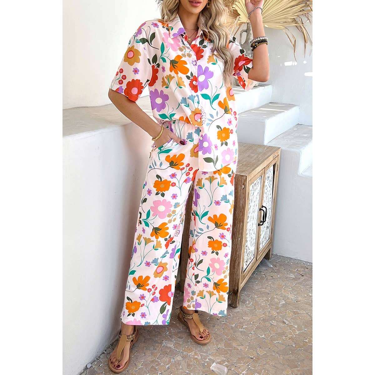 Two Pieces All Over Print Button Down Long Sets - MVTFASHION.COM