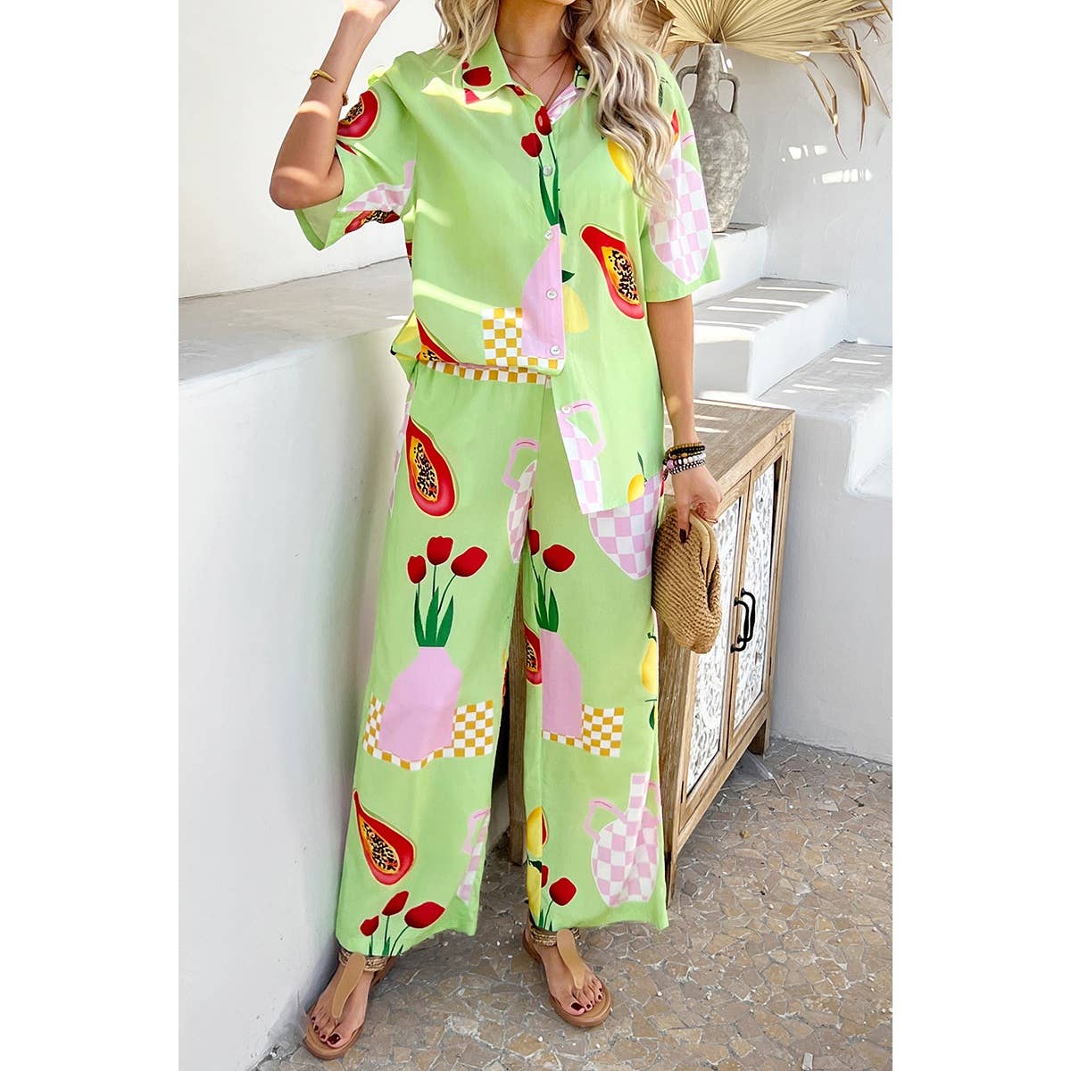 Two Pieces All Over Print Button Down Long Sets - MVTFASHION.COM