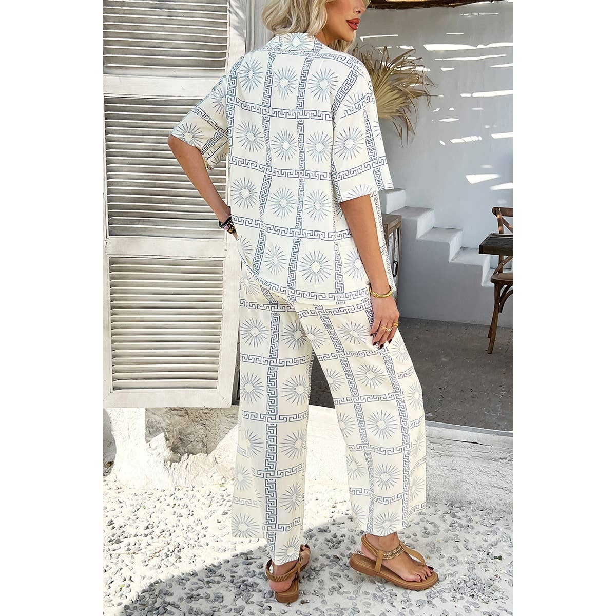 Two Pieces All Over Print Button Down Long Sets - MVTFASHION.COM