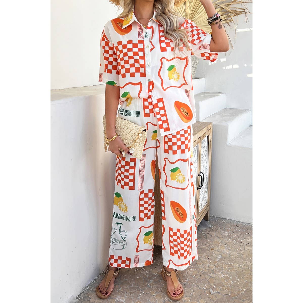 Two Pieces All Over Print Button Down Long Sets - MVTFASHION.COM