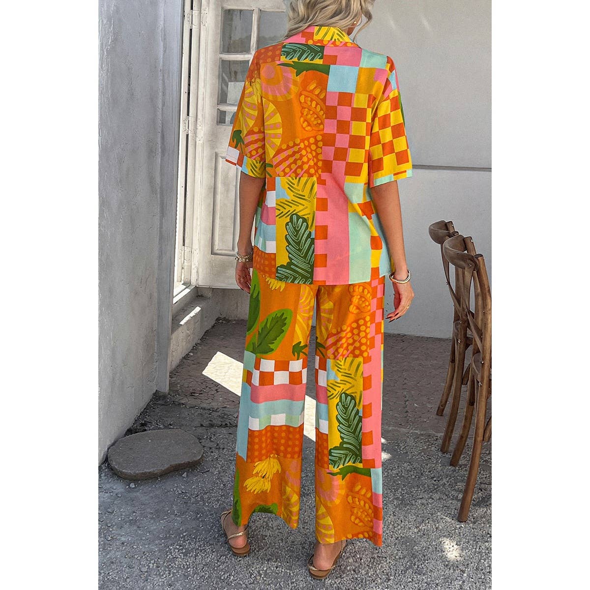 Two Pieces All Over Print Button Down Long Sets - MVTFASHION.COM